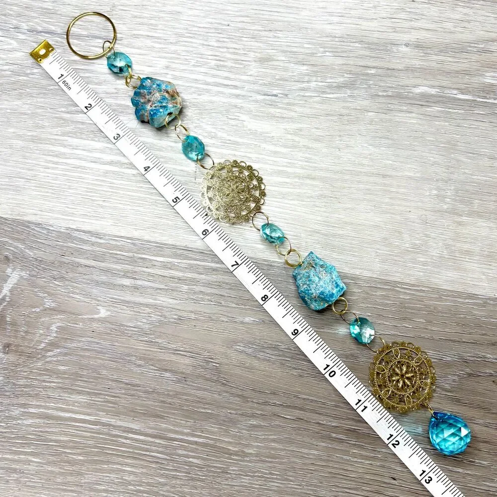 Raw Blue Apatite Hanging | Gold Mandala Filigree Charm | Blue Crystal Prism